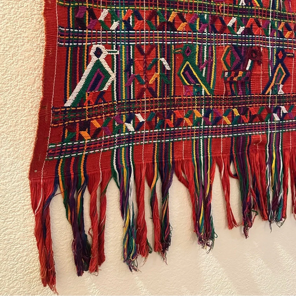 Vintage Guatemalan Ceremonial‎ Textile Red Bird Embroidery Folk Art Wall Hanging